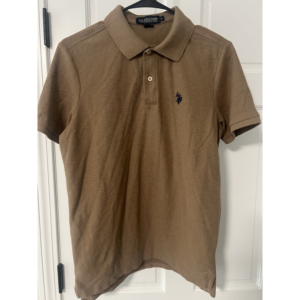 US Polo Assn Mens Performance Pique Polo Shirt Tan Brown Short Sleeve Size S